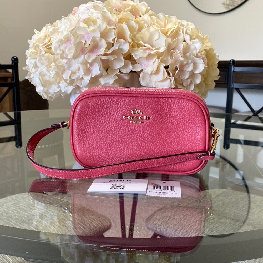 COACH Jamie Pebble Leather Wristlet in Watermelon